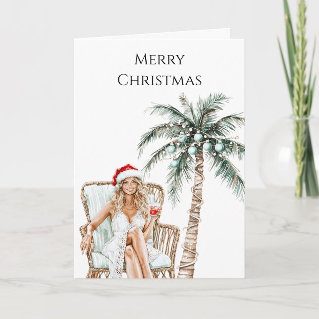 Beach Coast Blonde Woman Christmas Card (Front)