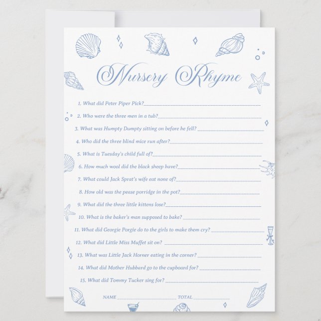 Beach Coastal Baby Shower Nursery Rhyme Game Card (Front)