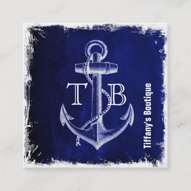 beach coastal chic nautical navy blue anchor square business card (Front)