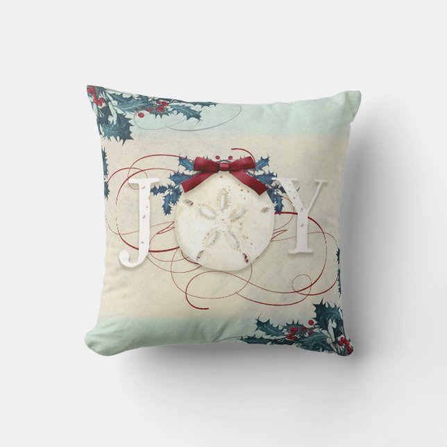 Beach Coastal Christmas Joy Sand Dollar Blue Holly Cushion (Front)