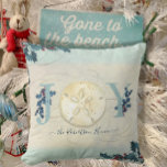 Beach Coastal Christmas Joy Sand Dollar Holly Name Cushion<br><div class="desc">"Beach Coastal Christmas Joy Sand Dollar Holly with Family Name Personalised, throw pillow." Elegant watercolor design with a textured sand and sea background, holly in blue and red with the typography design, "JOY" in slate blue. Your family name completes the design (or you can erase for blank). Art painted in...</div>