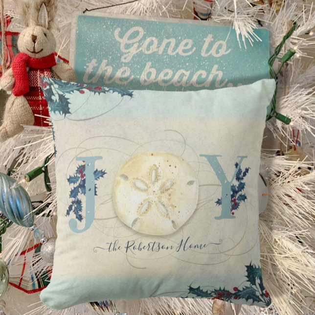 Beach Coastal Christmas Joy Sand Dollar Holly Name Cushion (Creator Uploaded)