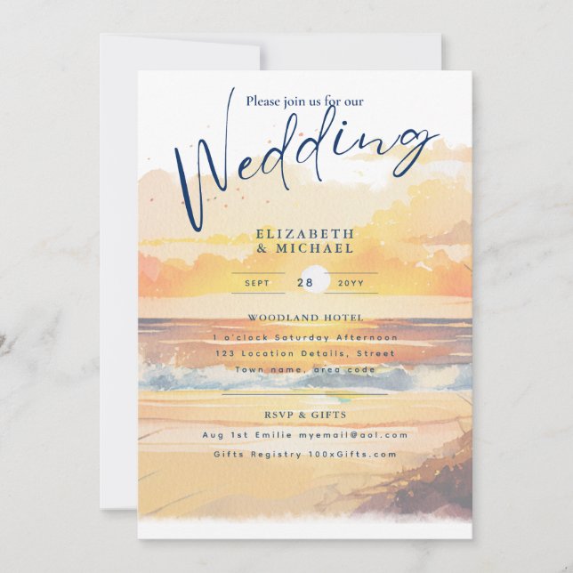  Beach Coastal Destination Sunset Tropical Wedding Invitation (Front)
