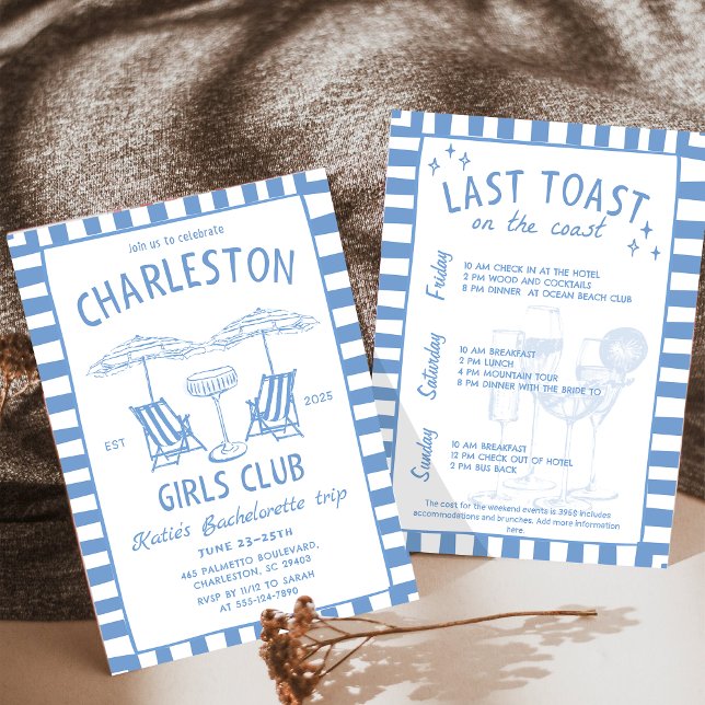 Beach Coastal Handdraw Blue Bachelorette Weekend Invitation (Creator Uploaded)
