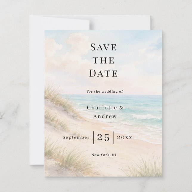 Beach coastal modern wedding Save the Date card (Front)