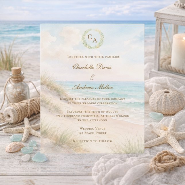 Beach coastal monogrammed wedding invitation (Creator Uploaded)
