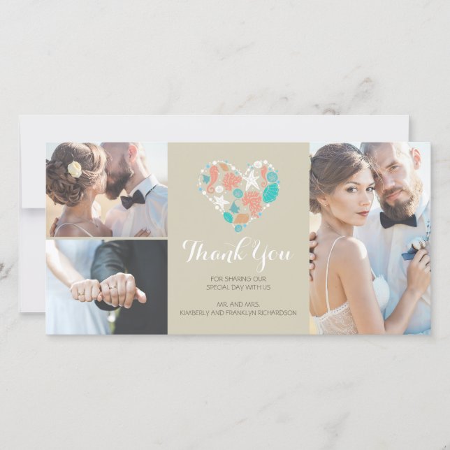 Beach Coastal Nautical Heart Wedding Thank You Card (Front)