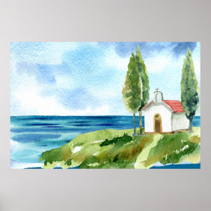 Beach Coastal Ocean Church Watercolor Poster