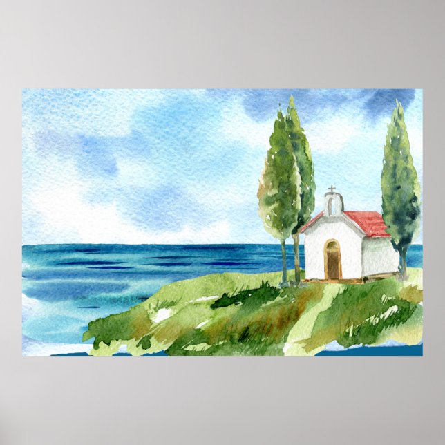 Beach Coastal Ocean Church Watercolor Poster (Front)