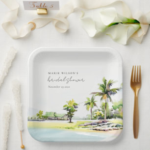 Beach Coastal Palm Trees Watercolor Bridal Shower Paper Plate