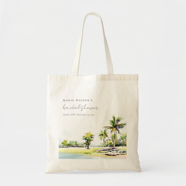 Beach Coastal Palm Trees Watercolor Bridal Shower Tote Bag (Front)