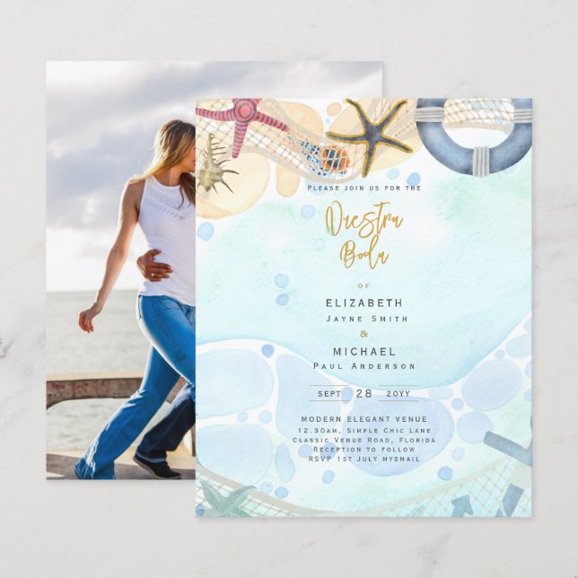Beach Coastal Photo Nuestra Boda Invitation (Front/Back)