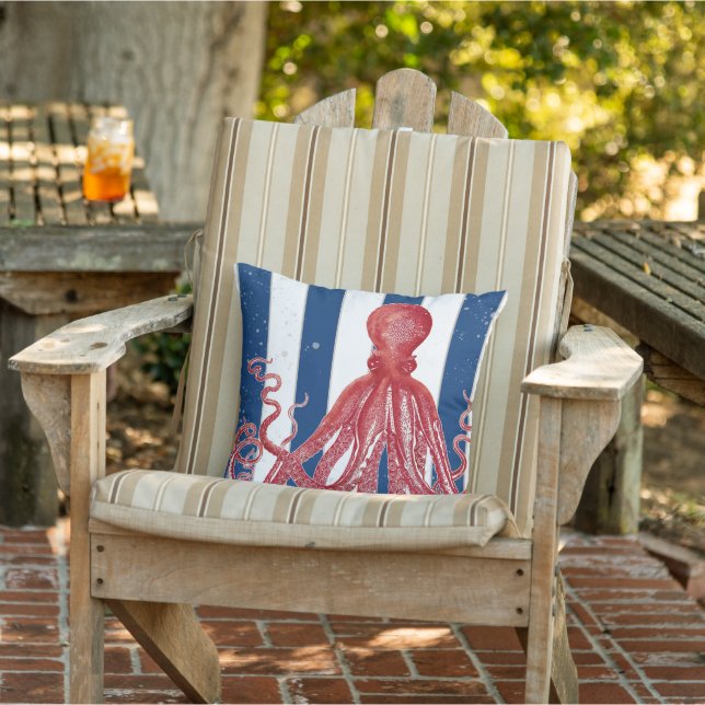 Beach Coastal Red Octopus Modern Striped Vintage Cushion (Chair)