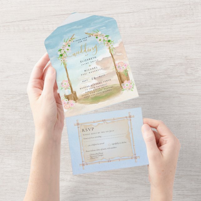 Beach Coastal Rustic Boho Wedding RSVP MENU All In One Invitation (Tearaway)