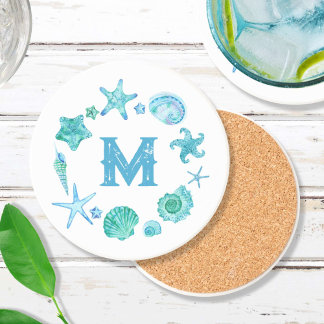 Beach Coastal Sea Shells and Starfish Monogrammed Coaster