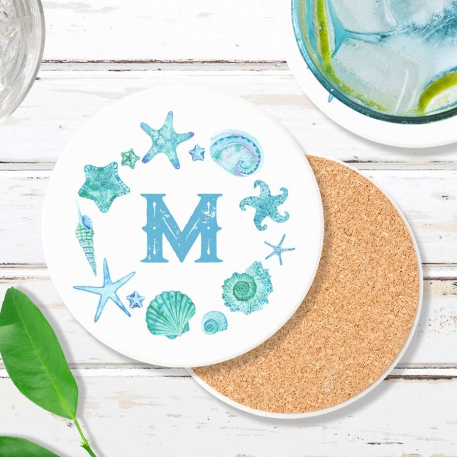 Beach Coastal Sea Shells and Starfish Monogrammed Coaster (Beach Coastal Sea Shells and Starfish Monogrammed Coaster)