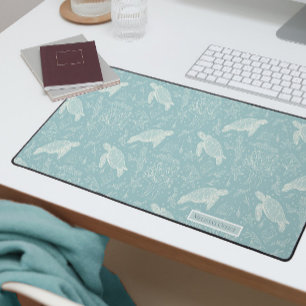 Beach Coastal Sea Turtles Coral Line Art Aqua Blue Desk Mat