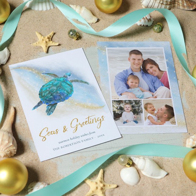 Beach Coastal Seas n Greetings Sea Turtle 3 Photo Holiday Card (Creator Uploaded)