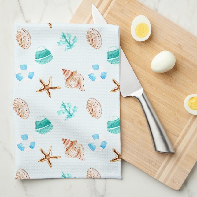 Beach Coastal Seashells Tropical Ocean Tea Towel (Quarter Fold)
