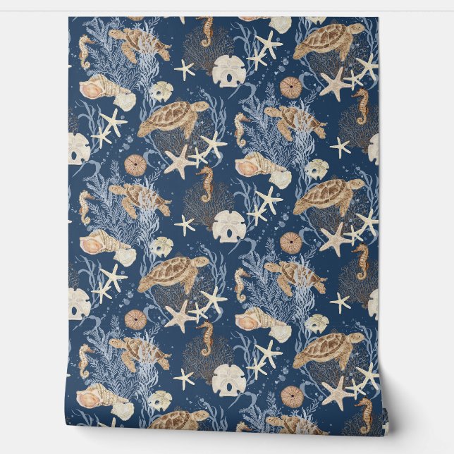 Beach Coastal Underwater Sea Turtle Starfish Navy Wallpaper (Unrolling)