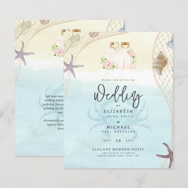 Beach Coastal Wedding Invitation Sand Ocean Life (Front/Back)
