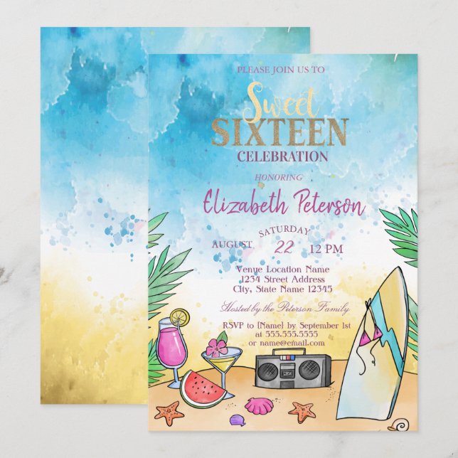 Beach Cocktail Fruits Summer Sweet 16 Party Invitation (Front/Back)