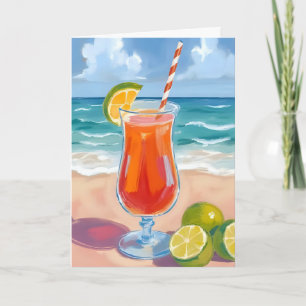 Beach Cocktail Ocean Waves Watercolor Painting Card