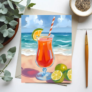 Beach Cocktail   Ocean Waves Watercolor Painting Postcard