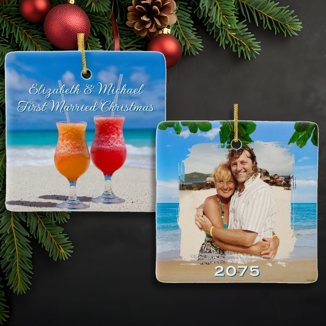 Beach Cocktails First Married Christmas Ceramic Ornament (Creator Uploaded)