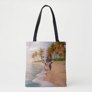 beach, coconut trees, dog cartoon tote bag