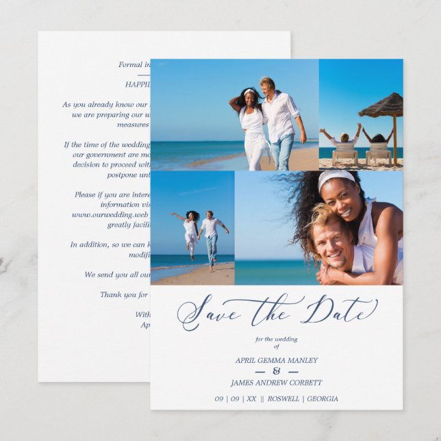 Beach Collage 4 Photos Modern Couple Wedding Save The Date (Front/Back)