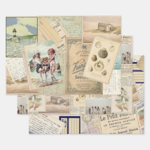 Beach Collage French Vintage Seaside Postcard Wrapping Paper Sheet