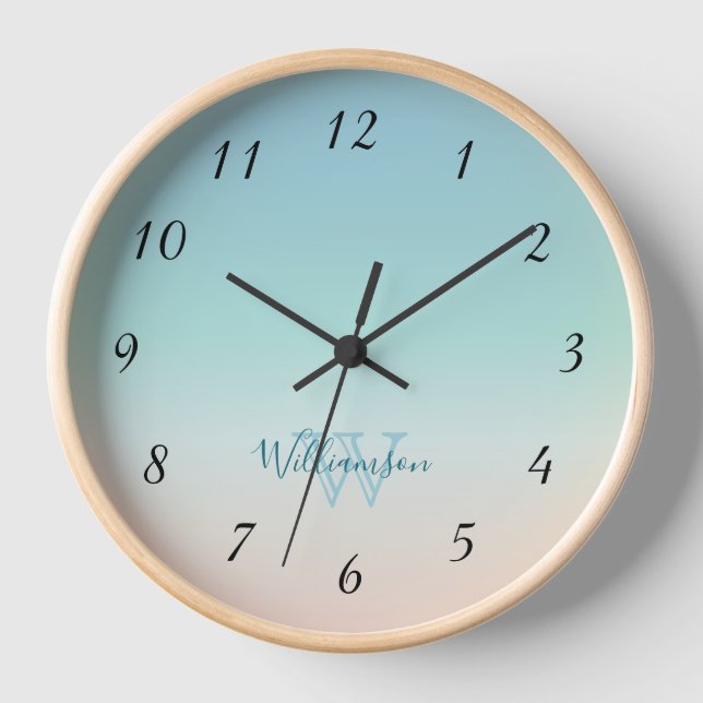 Beach Colours Minimal | Coastal Turquoise Monogram Clock (Front)