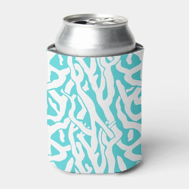 Beach Coral Reef Pattern Nautical White Blue Can Cooler (Can Front)