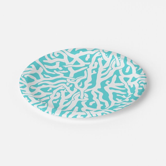 Beach Coral Reef Pattern Nautical White Blue Paper Plate (Angled)