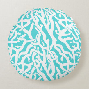 Beach Coral Reef Pattern Nautical White Blue Round Cushion