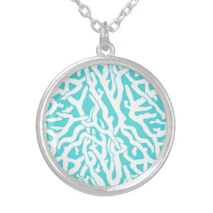 Beach Coral Reef Pattern Nautical White Blue Silver Plated Necklace
