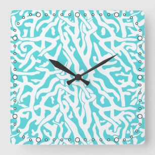 Beach Coral Reef Pattern Nautical White Blue Square Wall Clock