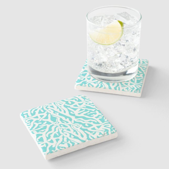 Beach Coral Reef Pattern Nautical White Blue Stone Coaster (Side)