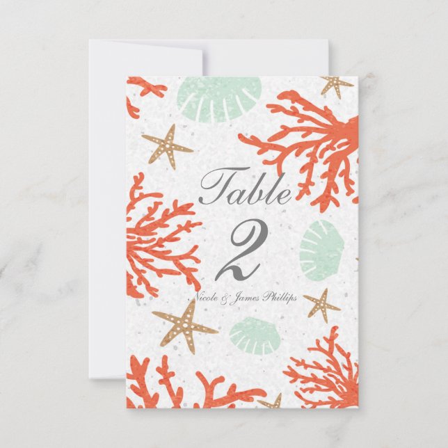 Beach Coral Reef Sea Shell & Starfish Table Number (Front)
