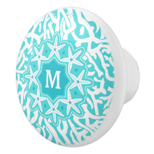 Beach Coral Reef Starfish Aqua Blue White Monogram Ceramic Knob