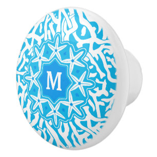 Beach Coral Reef Starfish Bright Blue Monogram Ceramic Knob