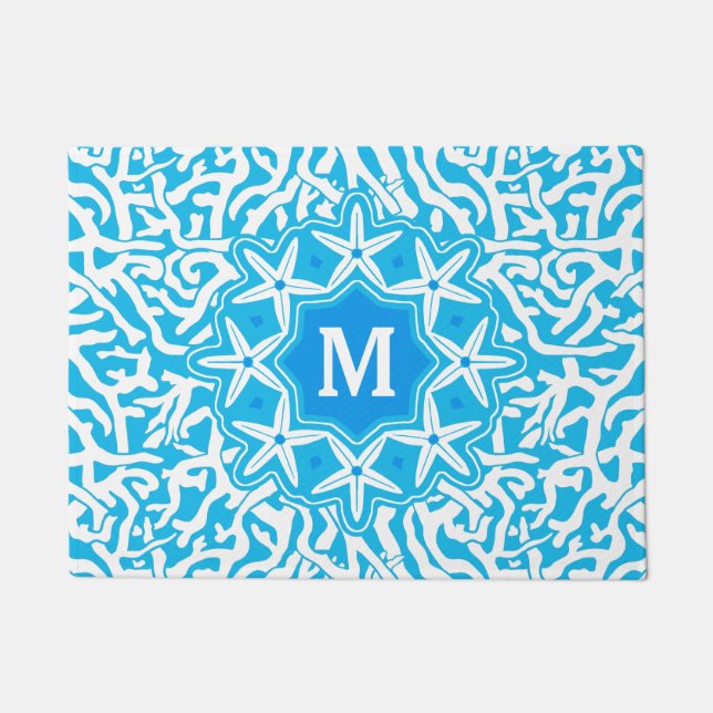 Beach Coral Reef Starfish Monogram in Sea Blue Doormat (Front)