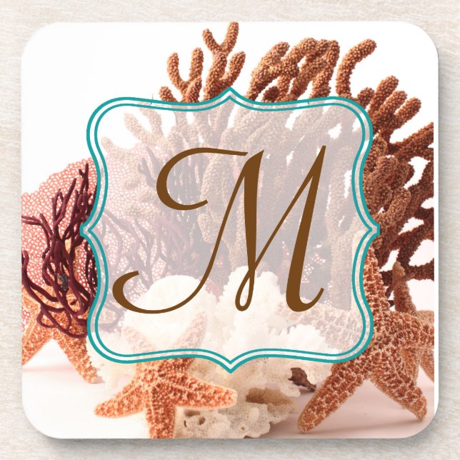 Beach Coral Star Fish Sand Monogram Drink Coaster (Front)