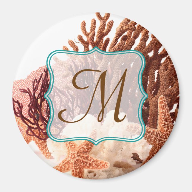 Beach Coral Star Fish Sand Monogram Initial Magnet (Front)