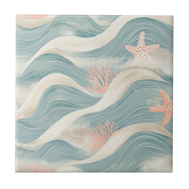 Beach Cottage Blue Waves Sand Starfish Pattern Tile (Front)
