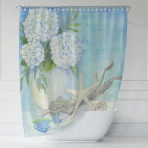 Beach Cottage Seashell Starfish w Sea Glass Floral Shower Curtain