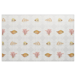 Beach Cottage Watercolor Seashell Coral Pattern Fabric