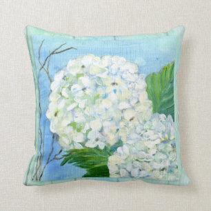 Beach Cottage White Hydrangea Floral Painterly Cushion