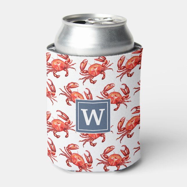 Beach Crab Pattern Monogram Initial Can Cooler (Can Front)